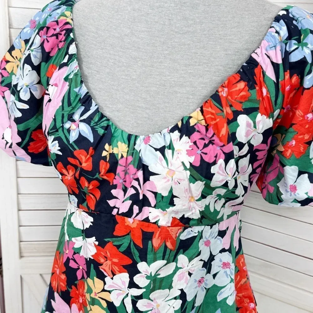 Old Navy Floral Puff Sleeve Peplum Flared Hem V‎ Neck Top Shirt Blue Multi Small